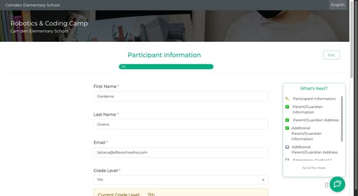 Registration info message for 7th grader qualifying as incoming 8th