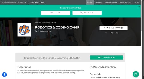 Activity Detail page hero showing Incoming grade label